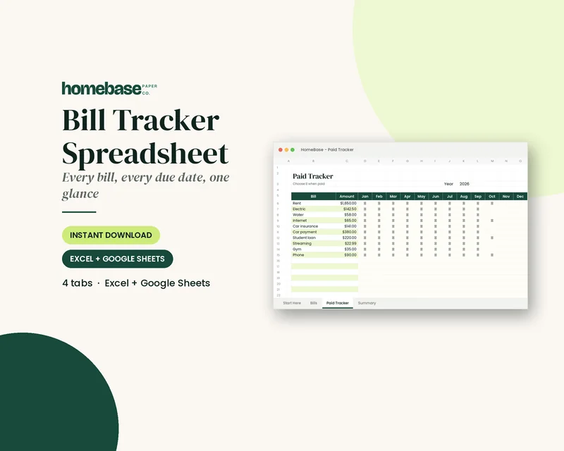 Bill Tracker Spreadsheet preview