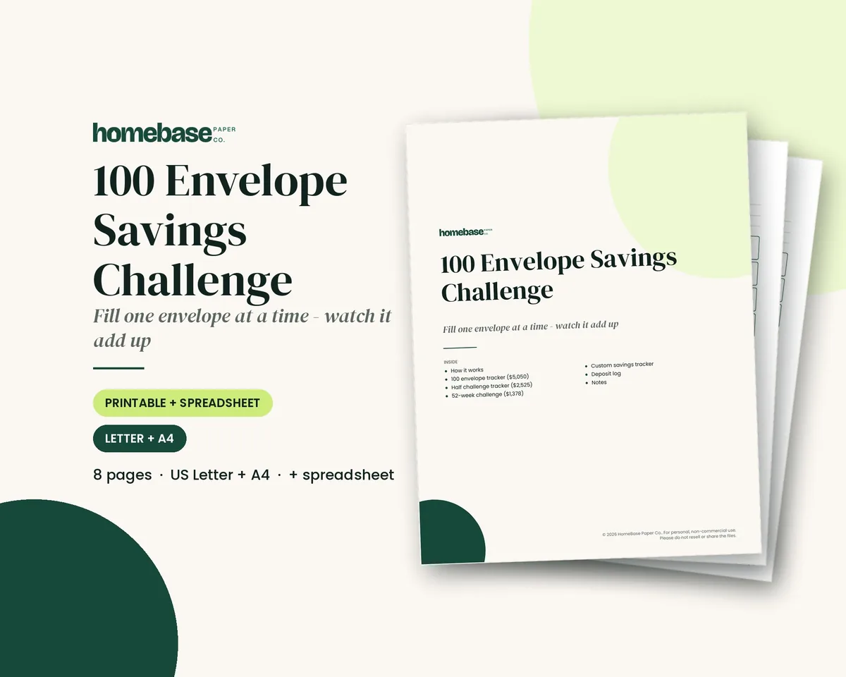 100 Envelope Savings Challenge printable and spreadsheet