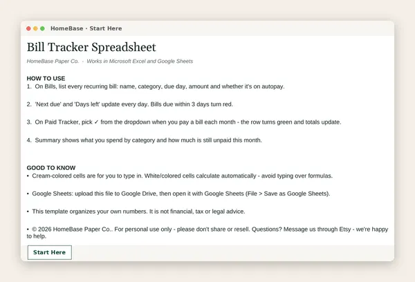 Bill Tracker Spreadsheet: Spreadsheet tab: Start Here