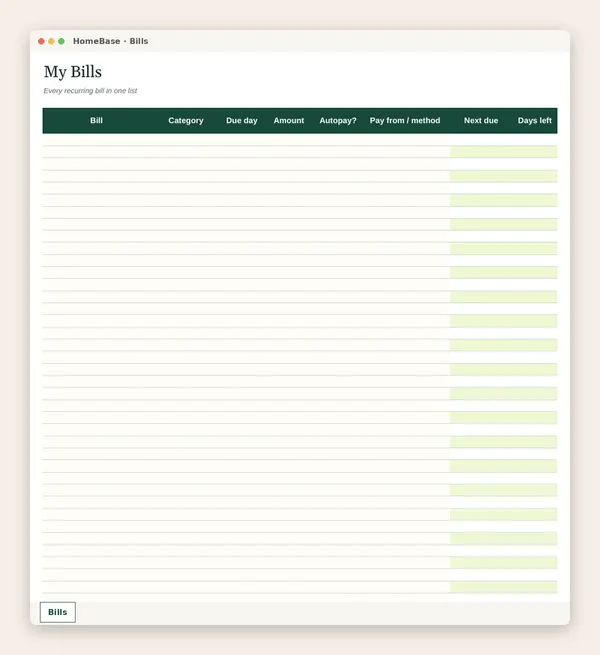 Bill Tracker Spreadsheet: Spreadsheet tab: Bills
